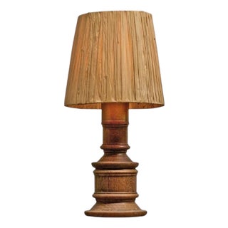 Mid-Century Accent Table Lamp in Oak and Patinated Brass with Raffia Shade, 1950s For Sale
