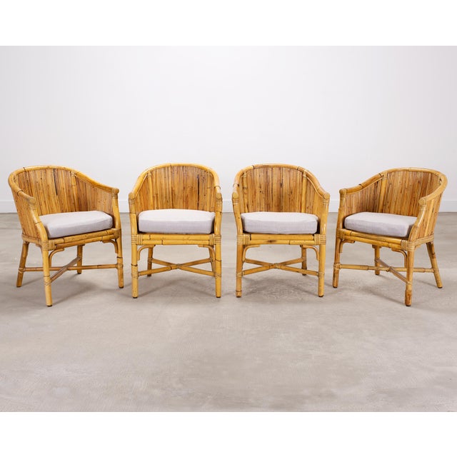 Mid-Century Modern Set of Four McGuire Barrel Back Rattan Bamboo Dining Armchairs For Sale - Image 3 of 18