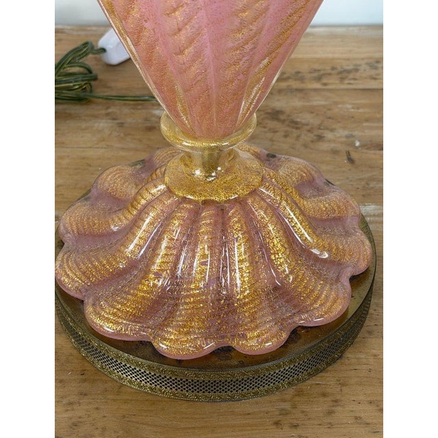 Mid 20th Century Murano Pink and Gold Glass Table Lamps W/ Coordinating Parchment Shades - a Pair For Sale - Image 9 of 16