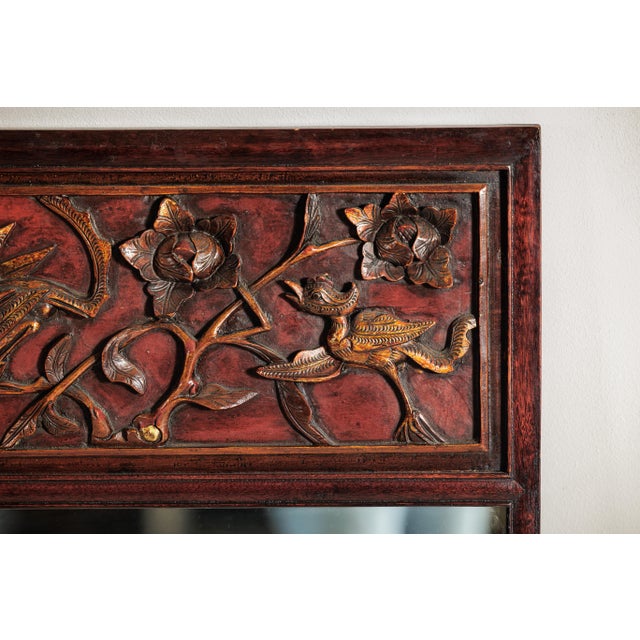 Wood Antique Asian Trumeau Mirror with Carved Birds and Floral Panel For Sale - Image 7 of 18