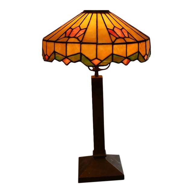 Antique Arts & Crafts Leaded Glass Table Lamp With Geometric Shade For Sale