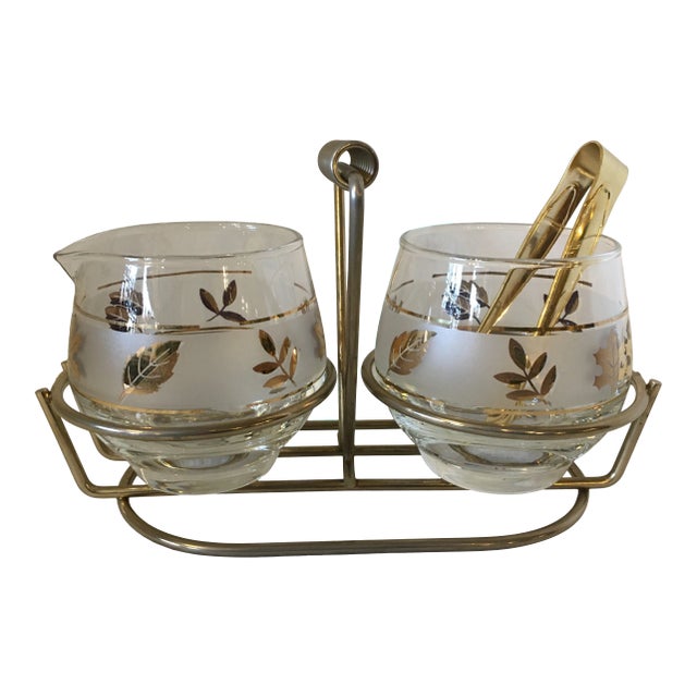 1950s Mid-Century Modern Gold Maple Leaf Libbey Glass Condiment Cream & Sugar Set - 4 Piece Set For Sale