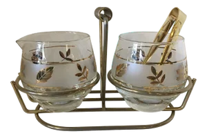 1950s Mid-Century Modern Gold Maple Leaf Libbey Glass Condiment Cream & Sugar Set - 4 Piece Set