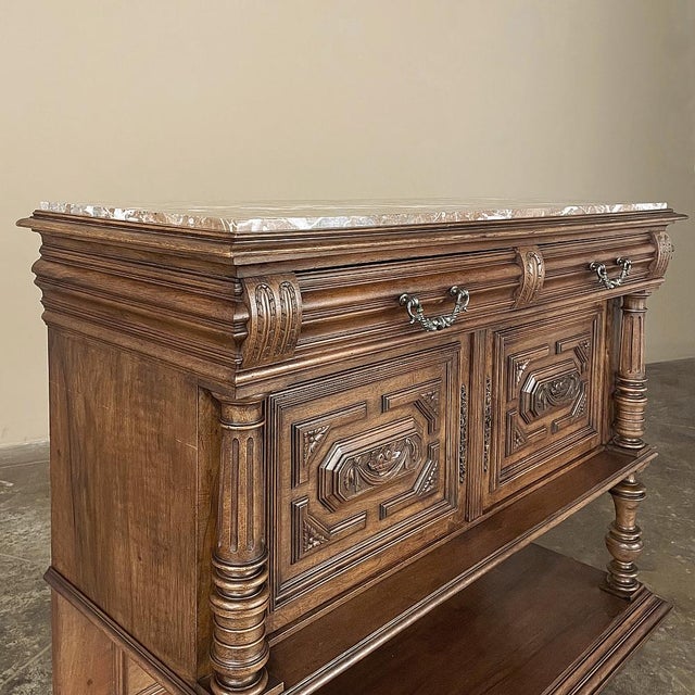 19th Century French Neoclassical Henri II Marble Top Walnut Buffet For Sale - Image 14 of 18