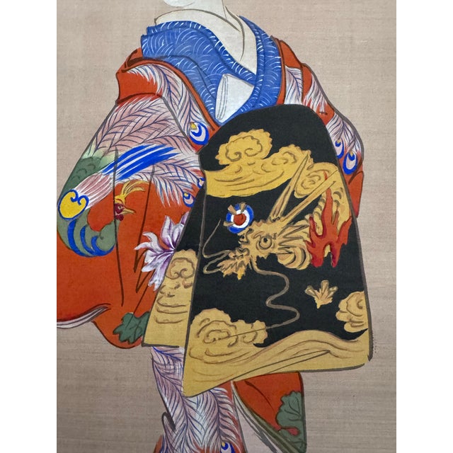 Scarlet Mid 20th Century Japanese Woodblock Print Scroll Depicting a Standing Beauty For Sale - Image 8 of 12