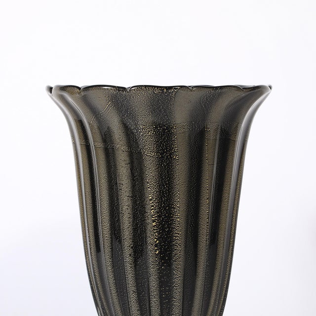 Art Deco Hand-Blown Murano Fluted Black Glass Up-Lights W/ 24kt Gold Flecks For Sale - Image 11 of 14