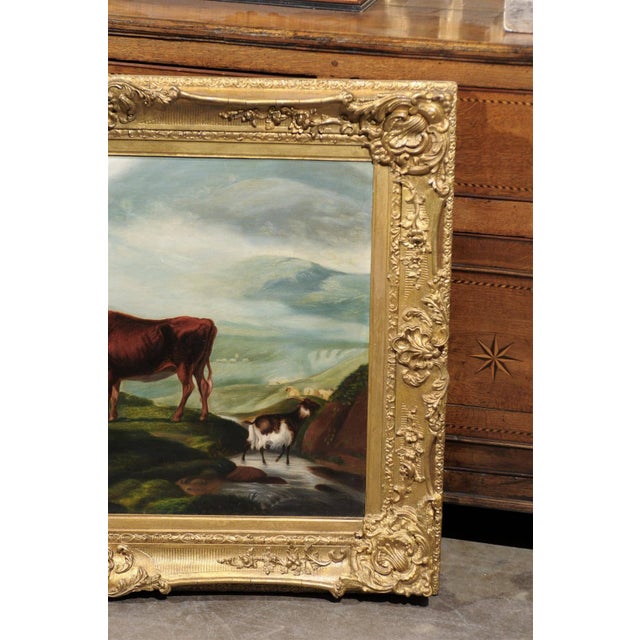 Wood Large English 1880s Giltwood Framed Pastoral Oil Painting with Cattle and Sheep For Sale - Image 7 of 7