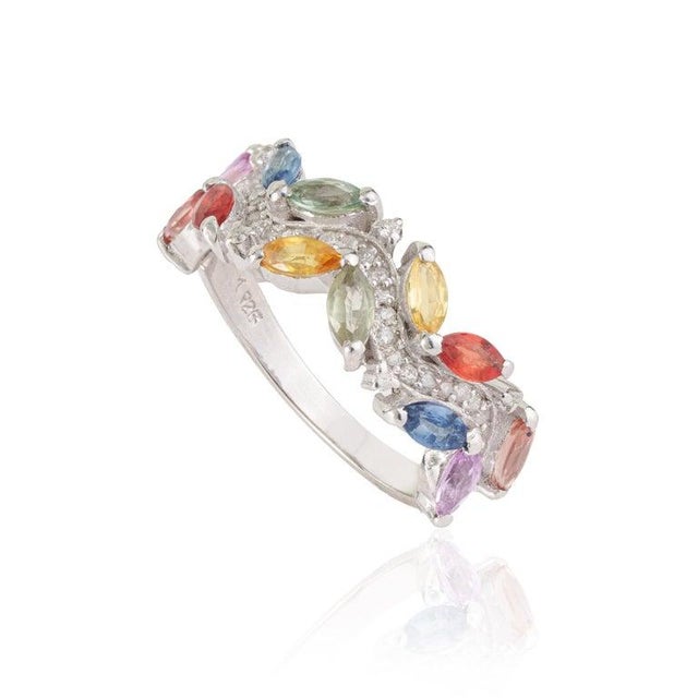 Nature Inspired Multi-Sapphire Leaf & Diamond Cluster Ring in Sterling Silver, Us Size 7 For Sale - Image 10 of 16