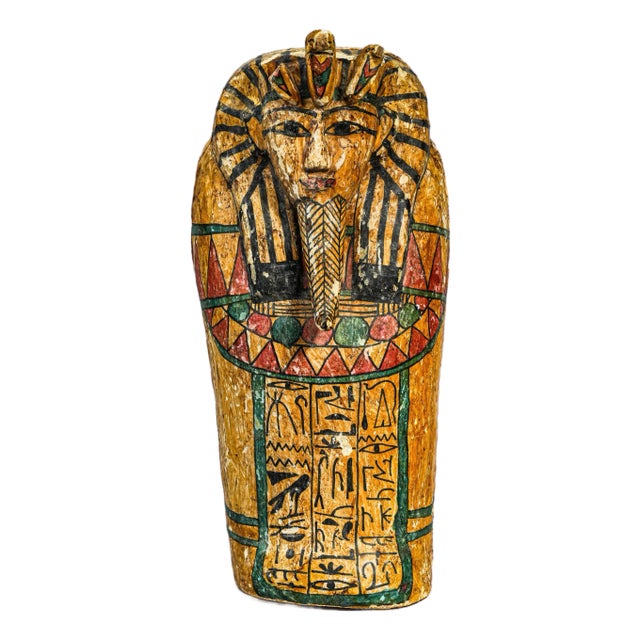 Colorful Vintage Egyptian Painted Wood Sarcophagus Box For Sale