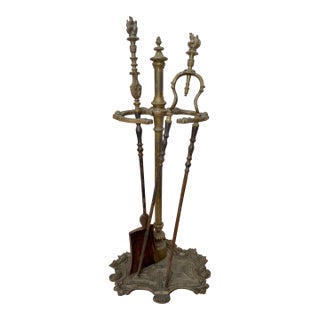 Antique Ornate 19th Century Gilt Bronze Brass Fireplace Tool Tongs Shover Set For Sale