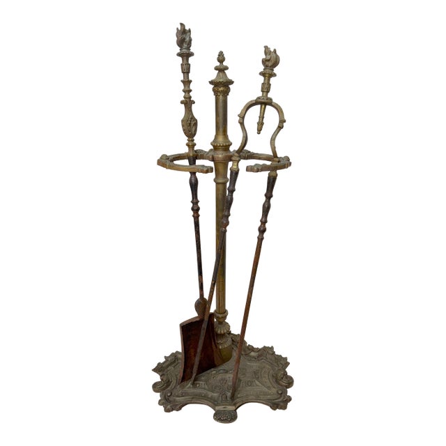 Antique Ornate 19th Century Gilt Bronze Brass Fireplace Tool Tongs Shover Set For Sale