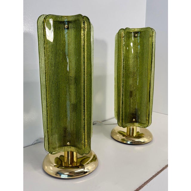 Murano Glass Table Lamps in Ribbed Green Glass and Brass, 2000s, Set of 2 For Sale - Image 16 of 18