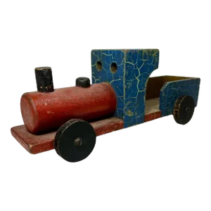 Vintage Handcrafted Red & Blue Wooden Locomotive Train Engine Children’s Toy With Amazing Rustic Patina - Circa 1940’s