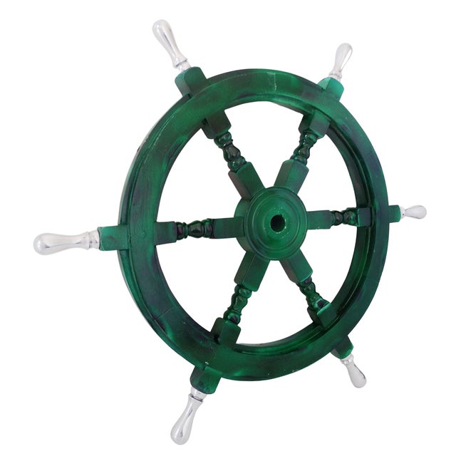 Traditional Antique Vintage Nautical Handcrafted Green Wooden Ship Wheel With Aluminium Hub & Handle For Sale - Image 3 of 6