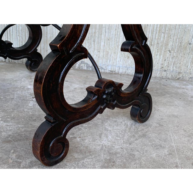 Black 19th Century Spanish Side Table With Hand Carved Lyre Leg and Iron Stretcher For Sale - Image 8 of 9