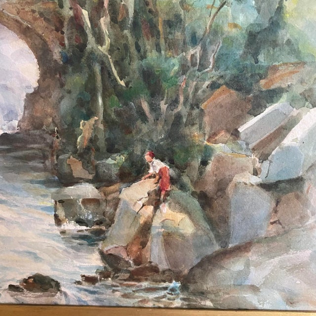 Impressionist Listed British Artist Bernard Harper Wiles 1883-1966 - Framed Original Watercolor of Bridge Over a River in England For Sale - Image 3 of 12
