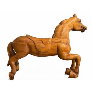Antique Carved Raw Wood Carousel Horse For Sale