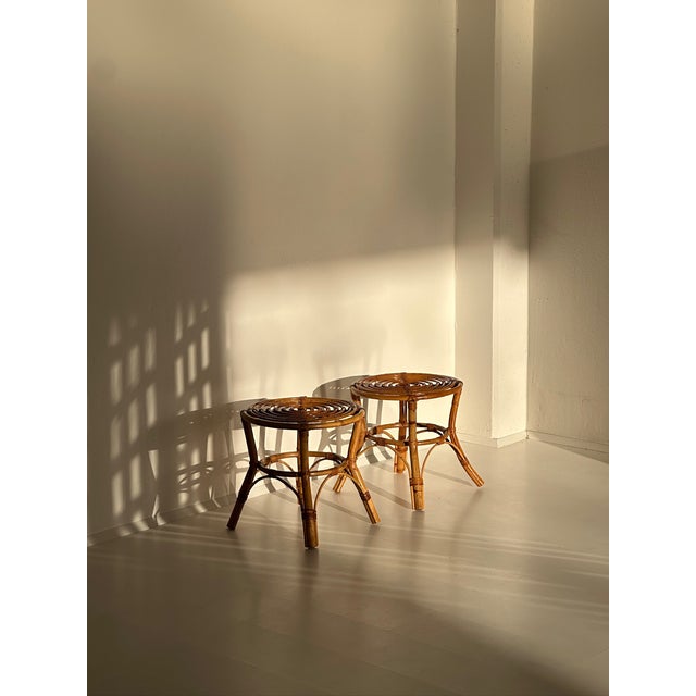 Brown Vintage Rattan Stools, 1970s, Set of 2 For Sale - Image 8 of 10
