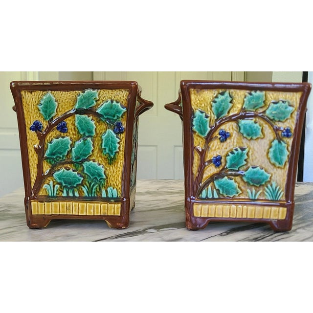 Antique Late 19th Century Majolica Jardinière Cachepots - a Pair For Sale - Image 4 of 13