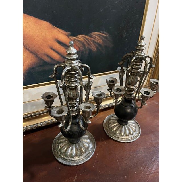 Pair of Vintage French Silver and Black Candelabras For Sale - Image 4 of 6