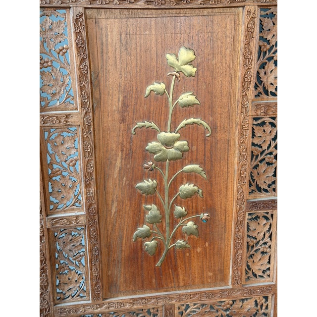 Early 20th Century Anglo-Indian Carved Teak Four-Panel Screen With Applied Brass Floral Decoration For Sale - Image 12 of 13
