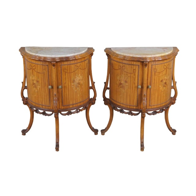 Late 19th Century Antique French Neoclassical Demilune Satinwood Marble Cabinet Side Tables - Set of 2 For Sale - Image 13 of 13