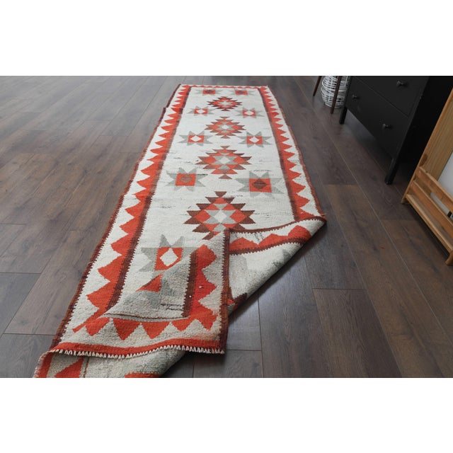 Red 1970s Vintage Handmade Wool Cotton Beige Orange Runner Rug For Sale - Image 8 of 11