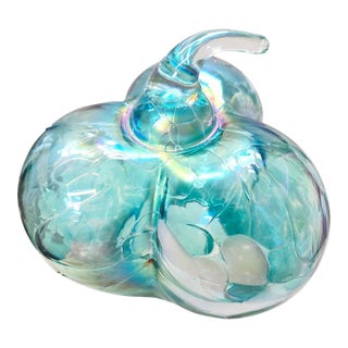 Iridescent Aqua Blue & White Swirled Art Glass Pumpkin Sculpture For Sale
