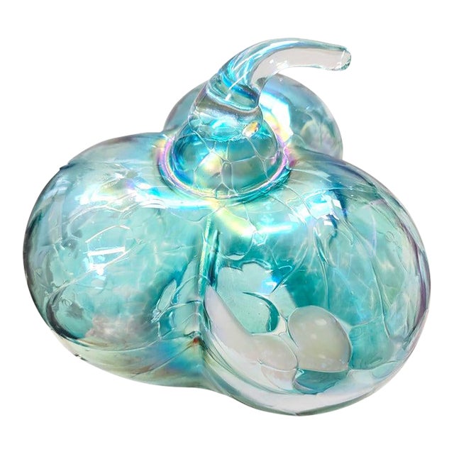 Iridescent Aqua Blue & White Swirled Art Glass Pumpkin Sculpture For Sale
