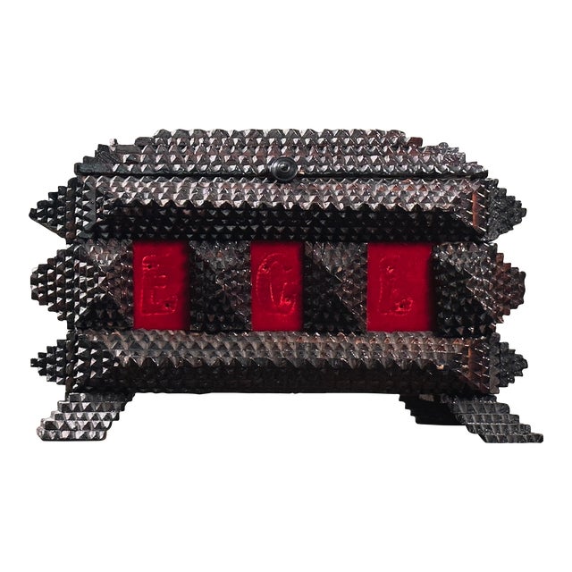 Vintage Lidded Tramp Art Box With Red Velvet Inserts and Pink Satin Interior by John Graham For Sale