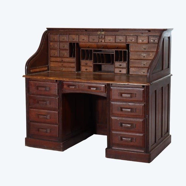 Arts & Crafts Arts & Crafts Quarter Sawn Oak Paneled Roll Top Desk With Full Interior C1910 For Sale - Image 3 of 16