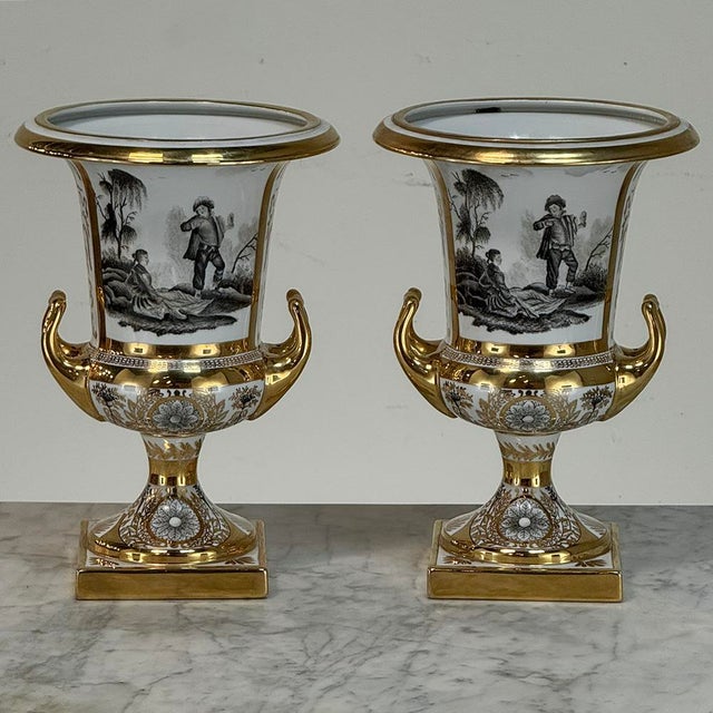 Metal Pair Antique Ritzenhoff & Breker Neoclassical Porcelain Mantel Vases For Sale - Image 7 of 18