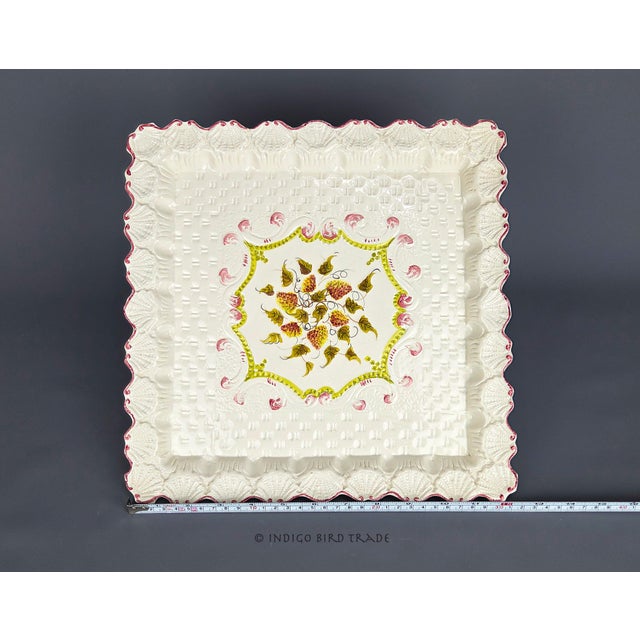 Vintage Italian Porcelain Cake Pastry Display Pedestal Stand Seashell Scalloped Edge and Hand-Painted Strawberries Made in Italy For Sale - Image 11 of 12