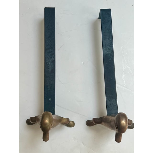 1970s French Mid-Century Modern Stylized Brass Duck Andirons - A Pair For Sale - Image 9 of 10