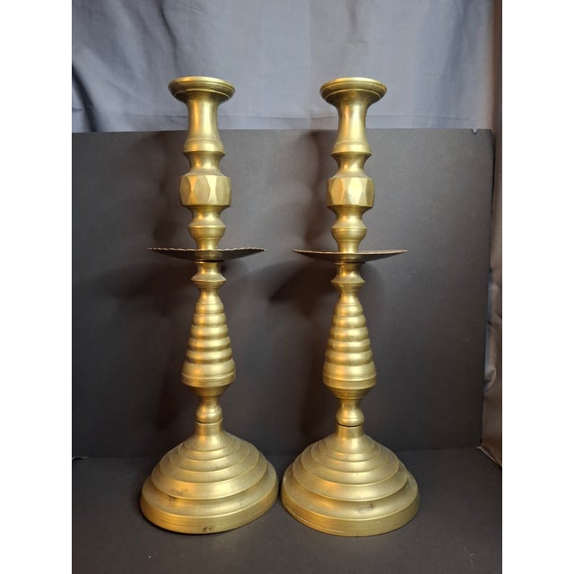 Brass Monumental 19" Antique Brass Synagogue Shabbat Candlesticks - 19th Century For Sale - Image 8 of 13