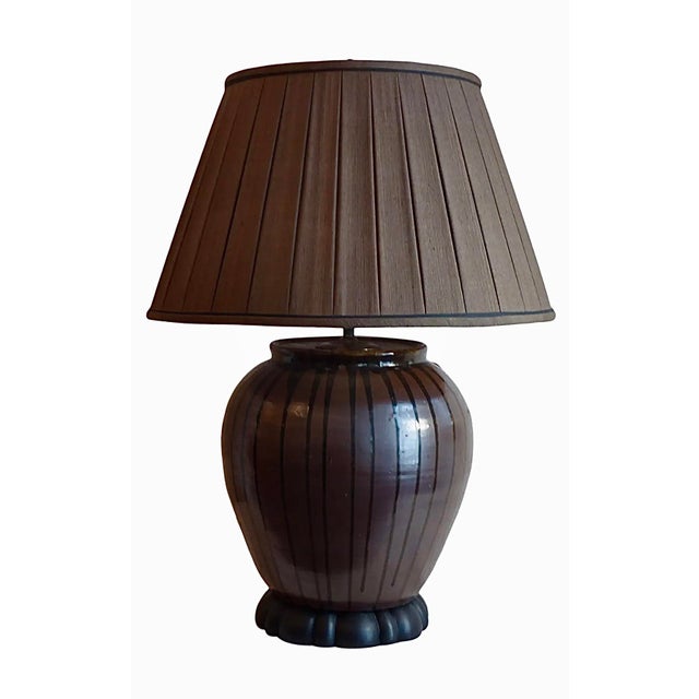 Exquisite 19th Century Japanese glazed chocolate vase lamp with black drip glazed stripes, that was made into lamp with a...