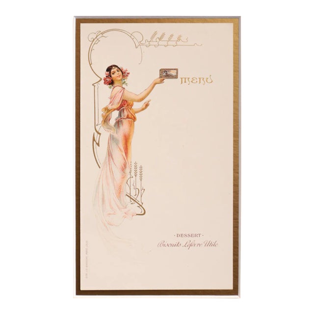 1900 Original French Advertising Menu (Woman in Orange Dress Holding Mucha Box) Matted For Sale