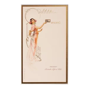 1900 Original French Advertising Menu (Woman in Orange Dress Holding Mucha Box) Matted