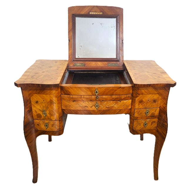 Antique French 19th C Louis XV Inlaid Tulipwood Poudre Vanity Lady Writing Desk For Sale - Image 11 of 18