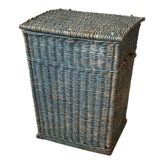 Antique Powder Blue Painted Willow Wicker Hinged Lid Basket, Circa 1920s For Sale