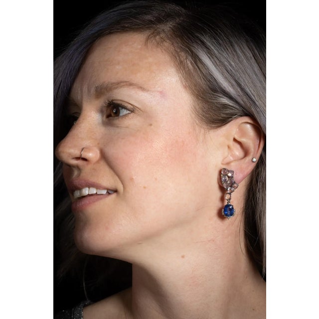 1990s Pair of Rainbow Moonstone, Kyanite and Diamond Drop Earrings For Sale - Image 4 of 4