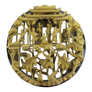 Chinese Ornate Carved Battle Scene Gilt Lacquer Wood Medallion Wall Panel For Sale