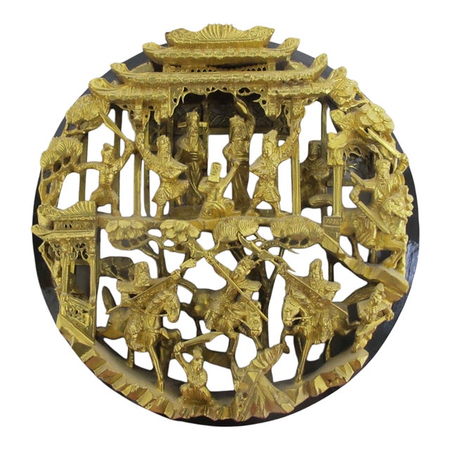 Chinese Ornate Carved Battle Scene Gilt Lacquer Wood Medallion Wall Panel For Sale