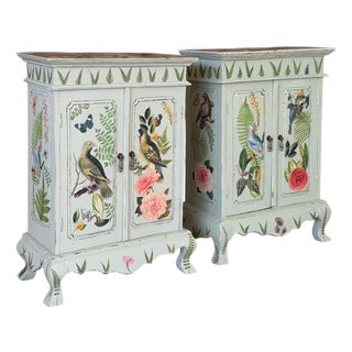 Vintage Hand-Painted Tropical Folk Art Cabinets With Botanical & Animal Motifs-Pair For Sale