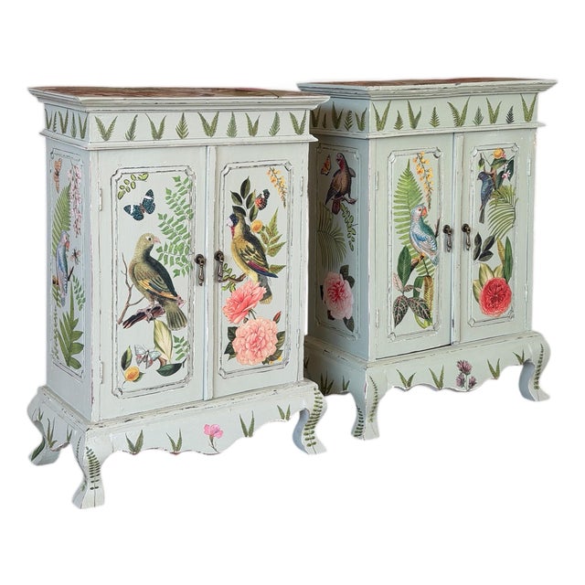 Vintage Hand-Painted Tropical Folk Art Cabinets With Botanical & Animal Motifs-Pair For Sale