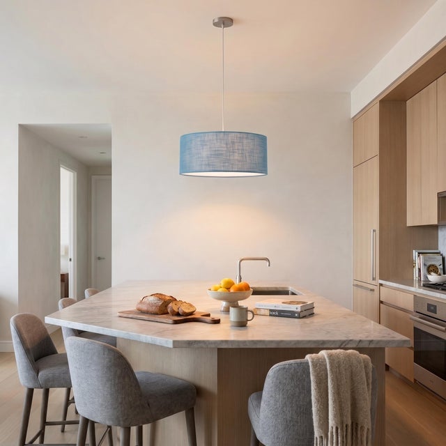 Stretch 18 Inch Pendant Luminaire - Drum Turquoise Linen Shade, Satin Nickel Steel Finish, Dimmable ELV Lighting Solution...