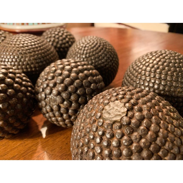 Metal Wooden Bowl With 9 French Iron Boules For Sale - Image 7 of 14