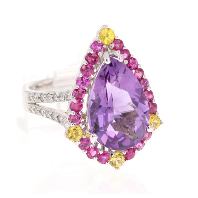 Contemporary Amethyst Pink Sapphire Diamond White Gold Cocktail Ring For Sale - Image 3 of 5