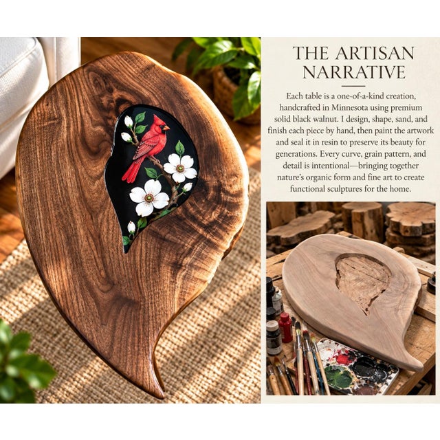 Handcrafted Black Walnut Cardinal Accent Table | Sculptural Nature Art For Sale In Minneapolis - Image 6 of 10