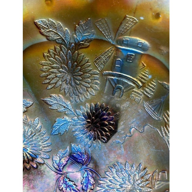 Vintage Fenton Blue Carnival Glass Chrysanthemum & Windmills 3-Footed Bowl For Sale In Washington DC - Image 6 of 11